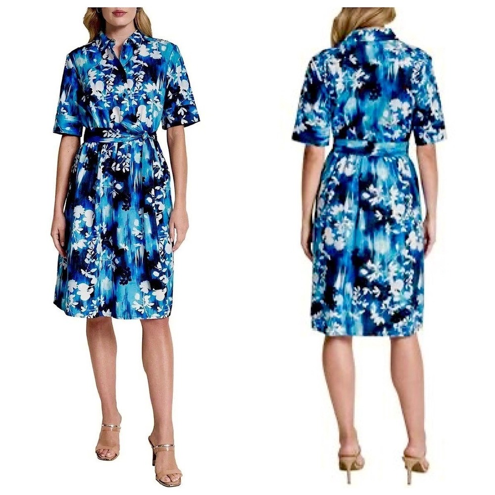 DKNY Belted Poplin Shirt‎ Dress Womens Sz 16 Blue Abstract Floral Short Sleeve